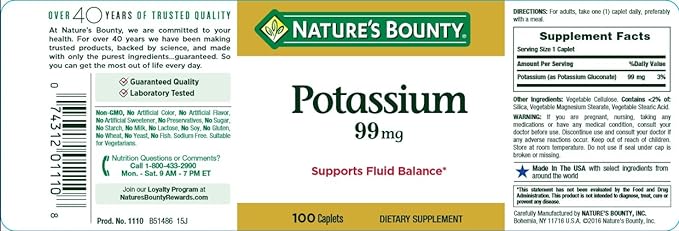 Nature's Bounty Potassium Gluconate 99 mg, 100 Caplets (Pack of 3)