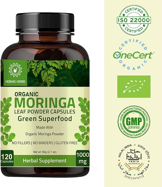 Organic Moringa Capsules 120 Capsules 1000mg – Organic Moringa Oleifera Leaf Powder Capsules Leaf Energy, Metabolism, & Immune Support Nutrient-Rich superfood | Non GMO and Gluten Free