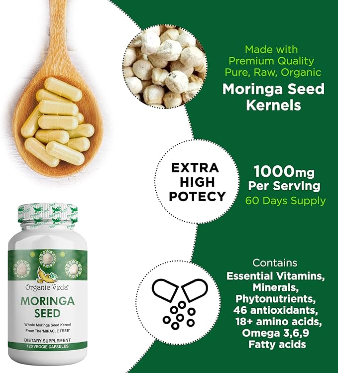 Organic Veda Moringa Seed Capsules, 1000mg - 100% Natural Moringa Seed Powder with Nutrients, Antioxidants, Vitamins, Minerals & Enzymes - Glowing Skin, Immunity & Energy Support - Non-GMO, 120 Count