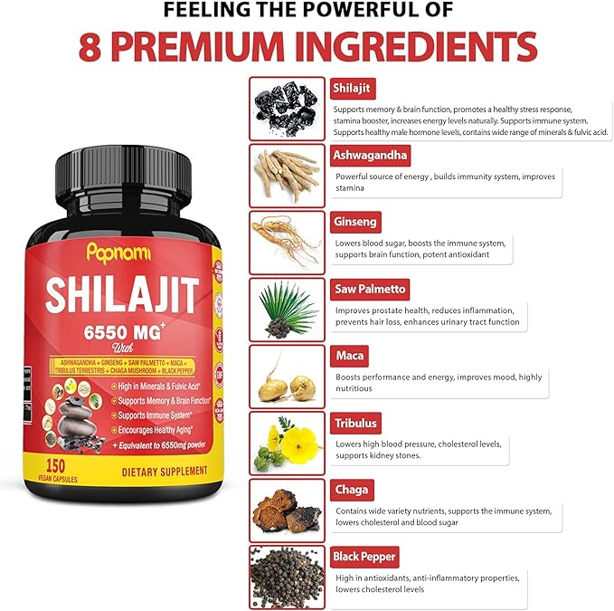 Shilajit Himalayan Supplement - 6550mg 150 Capsules Combined Ashwagandha, Ginseng, Saw Palmetto, Maca, Tribulus, Chaga & Black Pepper - 5 Month Supply for Strength, Stamina, Brain & Immune Health