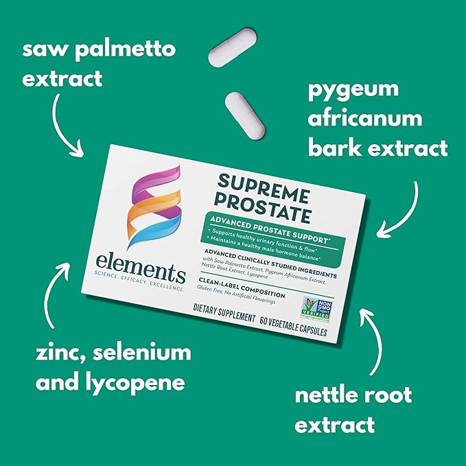 Elements Supreme Prostate, 60 Capsules (30 Day Supply), Advanced Prostate Support Supplement, Supports Healthy Urinary Flow and Function, Gluten Free, Non- GMO Certified