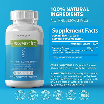 Resveratrol Supplement 600mg 60 Capsules & 60 Servings - Made in USA Natural & Organic Resveratrol - Rich in Antioxidants & Trans Resveratrol for Well-Being Support - Premium Organic Resveratrol