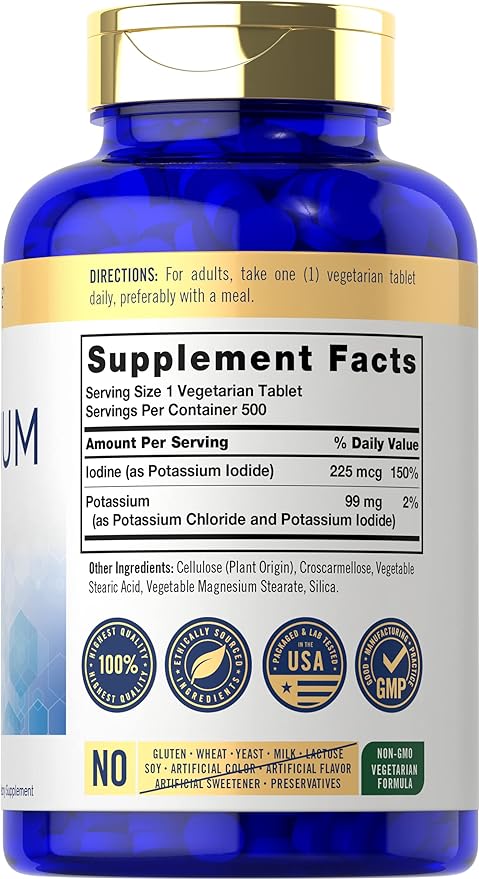 Carlyle Potassium 99mg | Plus Iodine | 500 Vegetarian Tablets | Non-GMO and Gluten Free Supplement