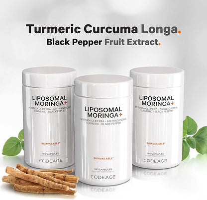 Codeage Liposomal Moringa+ Supplement, 400mg Moringa 50:1 Extract (20,000mg Moringa Oleifera Leaf Equivalent), Turmeric, Ashwagandha, Black Pepper, 3-Month Supply, Vegan Moringa Powder - 180 Capsules