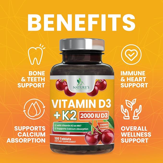 Vitamin D3 K2 as MK-7 with 2000iu of D3 & 75mcg K2, Vitamin K2 D3 Bone Strength Supplements Support Calcium Absorbtion for Teeth & Bone Health + Muscle & Immune Health Support - 120 Chewable Tablets