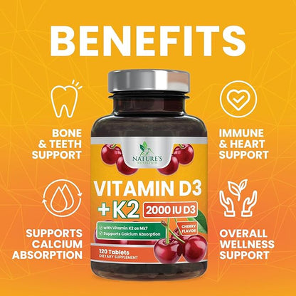 Vitamin D3 K2 as MK-7 with 2000iu of D3 & 75mcg K2, Vitamin K2 D3 Bone Strength Supplements Support Calcium Absorbtion for Teeth & Bone Health + Muscle & Immune Health Support - 120 Chewable Tablets