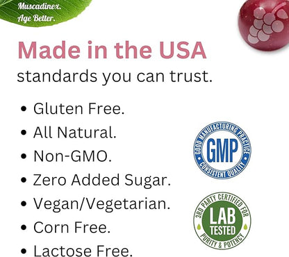 USA Muscadine Quercetin, Ellagic Acid, Resveratrol, Myricetin, Kaempferol. Plus BioPerine with Time Release Capsules for Extra Bioavailability. Vegan. Non GMO. Made in USA.