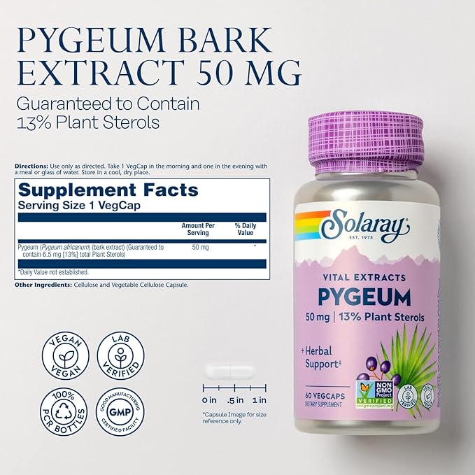 SOLARAY Pygeum Bark Extract 50mg - Pygeum Supplement for Prostate Health Support - Guaranteed to Contain 6.5mg Plant Sterols Like Beta Sitosterol, Non-GMO, Vegan, 60-Day Guarantee, 60 Serv, 60 VegCaps