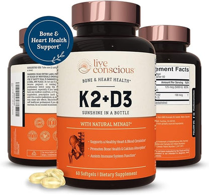 Live Conscious Vitamin K2 MK7 with D3 Supplement | Bone & Heart Health Support - Patented Vitamin K & Vitamin D3 5000 IU - 60 Softgels