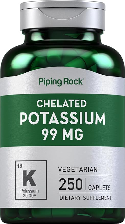 Chelated Potassium Supplement 99 mg | 250 Caplets | Potassium Gluconate | Vegetarian, Non-GMO, Gluten Free | by Piping Rock