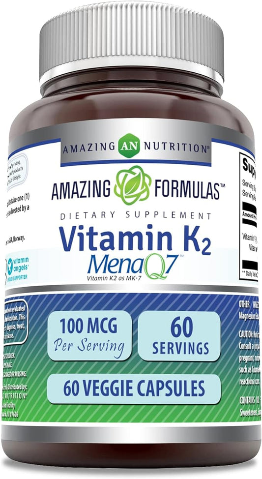 Amazing Formulas Vitamin K2 Menaq7 MK7 Supplement | 100 Mcg | Veggie Capsules | Non-GMO | Gluten Free | Made in USA (1 Pack, 60 Count)