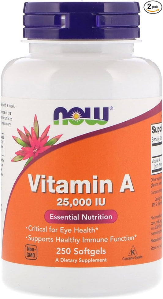 Now Foods Vitamin A, 25000 IU from Fish liver oil, 250 Softgels (Pack of 2)