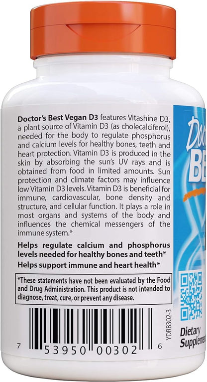 Doctor's Best Vitamin D3 2500IU with Vitashine D3, Non-GMO, Vegan, Gluten & Soy Free, Regulates Immune Function, Supports Healthy Bones, 60 Count