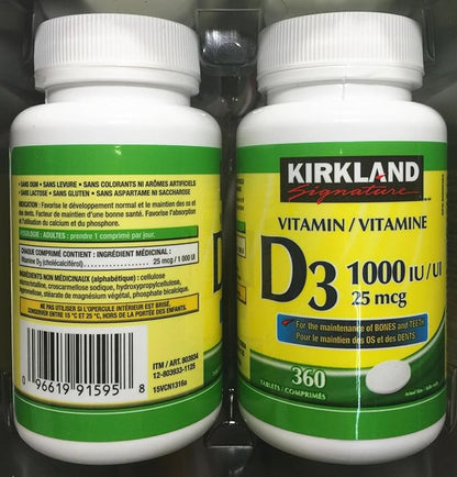 (Twin Pack) 2 x Kirkland Signature Vitamin D3 1000IU/25mcg, 360 tablets