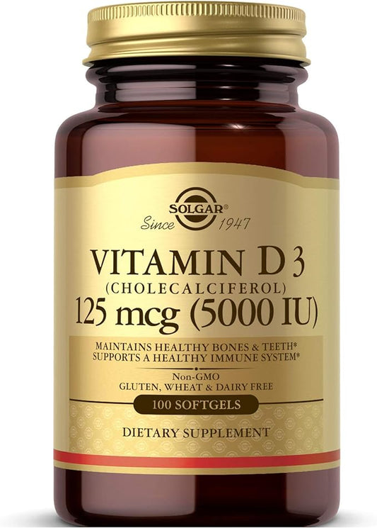 Solgar Vitamin D3 (Cholecalciferol) 125 MCG (5000 IU), 100 Softgels - Helps Maintain Healthy Bones & Teeth - Immune System Support - Non GMO, Gluten Free, Dairy Free - 100 Servings