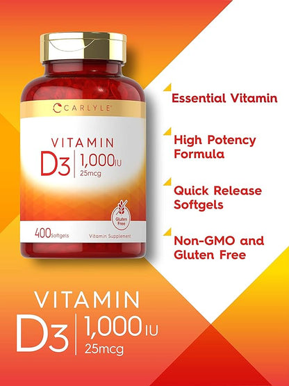 Carlyle Vitamin D3 1000 IU | 400 Softgels | Non-GMO and Gluten Free Formula | 25 mcg