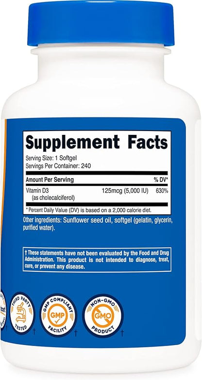 Nutricost Vitamin D3 5,000 IU, 240 Soft Gel Caps (2 Bottles)