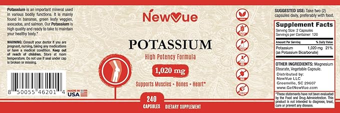 NewVue Potassium Supplement, 1020 mg,120 Servings, 240 caps