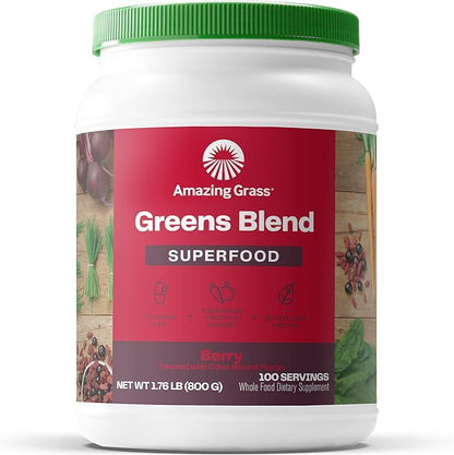 Amazing Grass Greens Superfood Powder: Greens Powder with Digestive Enzymes & Probiotics, Organic Spirulina, Chlorella, and Beet Root Powder, Berry, 100 Servings