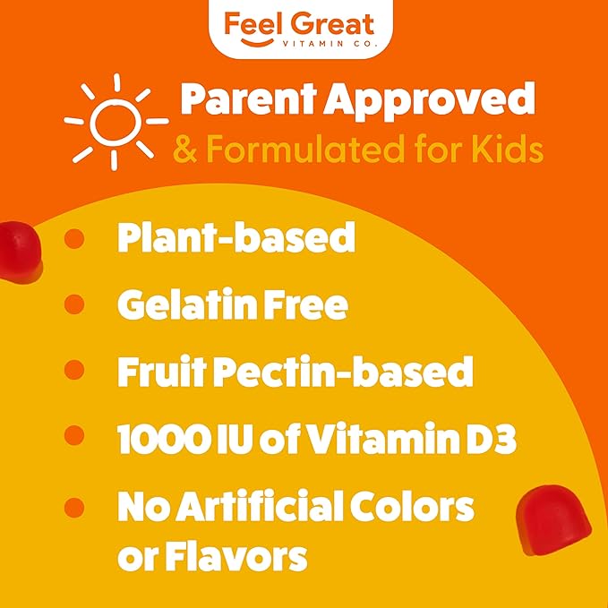 Feel Great Kids Vitamin D3 1000 IU Gummies | Kids Vitamin D Gummies for Healthy Bones, Mood, & Immune Support | Citrus Flavored Vegetarian D3 Gummies | 90 Day Supply