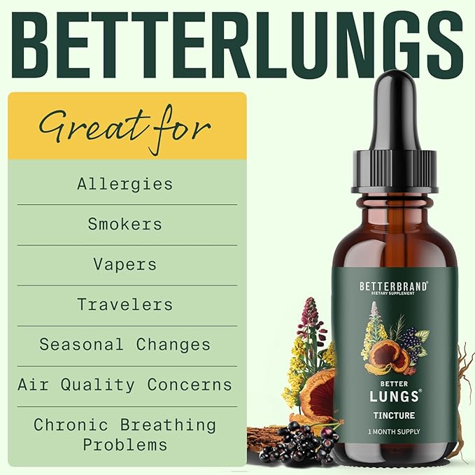 Betterbrand BetterLungs Tincture - Daily Respiratory Health Supplement | Mullein Leaf, Elderberry, Ginseng and Reishi Mushroom | Lung Health Wellness | 30 Day Supply