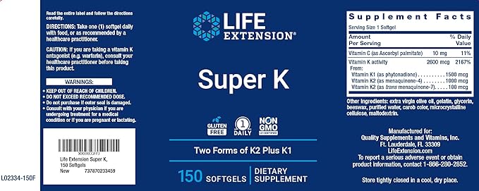 Life Extension Super K, 150 Softgels (Pack of 2) with Vitamin K1 and K2 Supplement