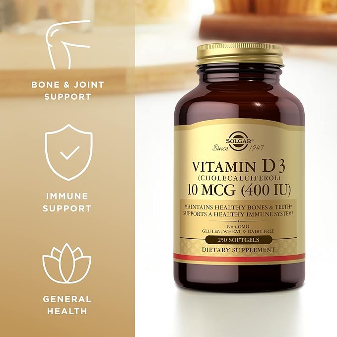 Solgar Vitamin D3 (Cholecalciferol) 10 MCG (400 IU), 250 Softgels - Helps Maintain Healthy Bones & Teeth - Immune System Support - Non-GMO, Gluten Free, Dairy Free - 250 Servings