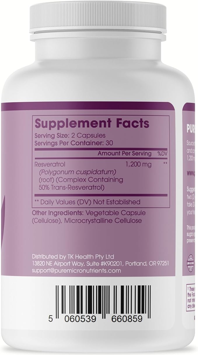 Pure Micronutrients - Pure Resveratrol Supplement - Extra Strength 1200mg Trans-Resveratrol - for Anti Aging, Heart & Immune Health - 60 Vegan Capsules