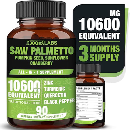 All-in-1 10600mg Highest Potency Saw Palmetto, Pumpkin seed, Sunflower, Cranberry, Turmeric, Quercetin, Zinc, Black Pepper - Immune, Antioxidant, Prostate & Joint Health Support - 90 Vegan Capsules