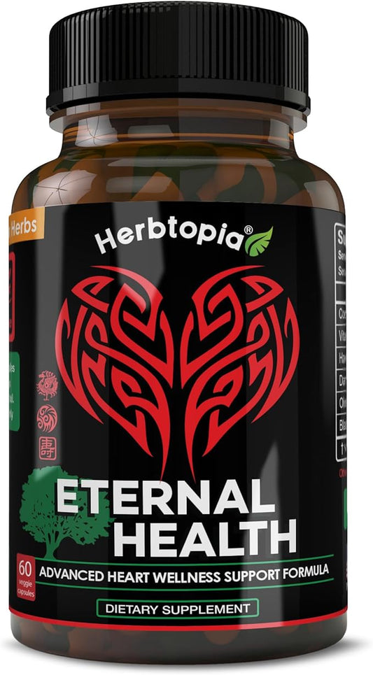 Eternal Health Heart Health Supplement for Heart, Blood Circulation & Flow with CoQ10, Vitamin K2 MK7, Black Garlic, Hawthorn, Olive Leaf & Dan Shen - Vitamins & Herbs 60 Caps