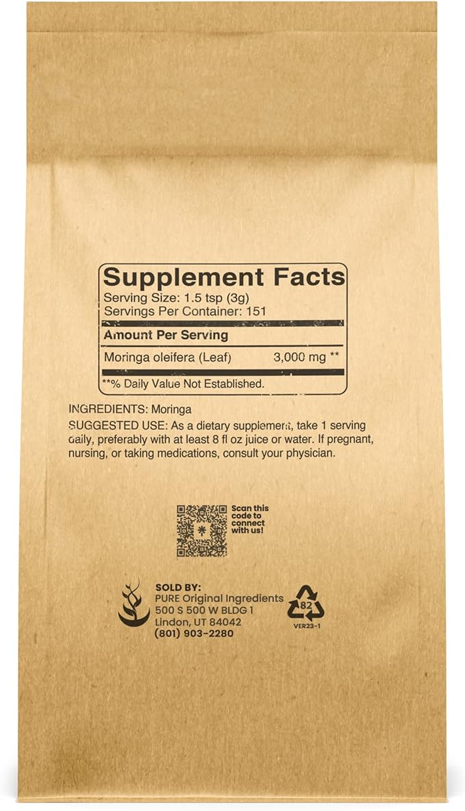 PURE ORIGINAL INGREDIENTS Moringa (1lb) Moringa Oleifera Leaf Extract, Natural Herbal Supplement