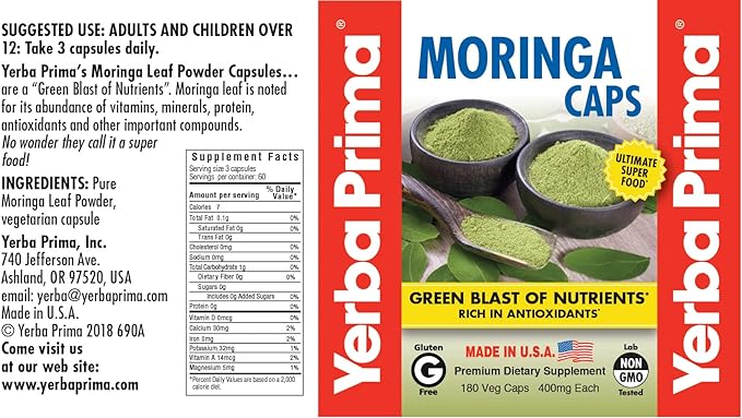 Yerba Prima Moringa, 180 Count Veg Caps - 400mg of Pure, Dried Leaf Powder, Green Blast of Nutrients, Rich in Antioxidants, 100% Pure, Super Food, Non-GMO, Vegan Friendly, Gluten-Free, USA Made