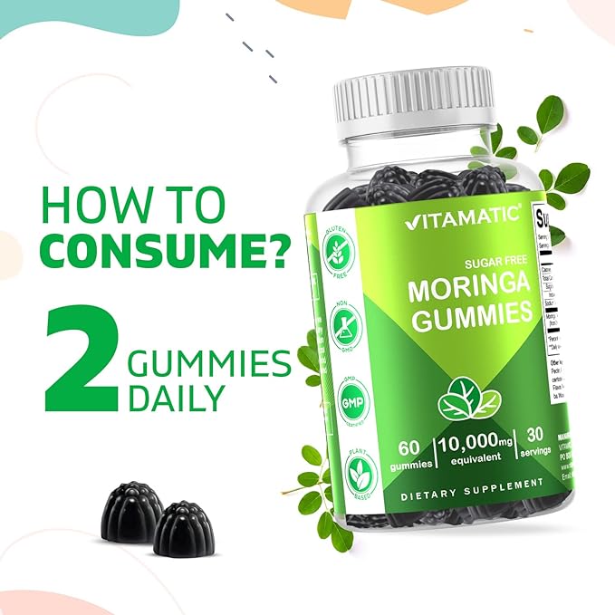 Vitamatic Sugar Free Moringa Gummies - 10000 mg Equivalent per Serving - Complete Green Superfood - 60 Pectin Based Gummies