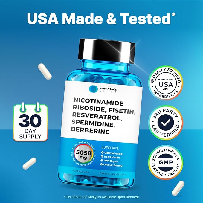 NMN Supplement Alternative - Liposomal Nicotinamide Riboside, Fisetin, Resveratrol, Spermidine, Berberine - High Purity NAD Supplement for Anti Aging, Heart & Joint Health 60 Capsules