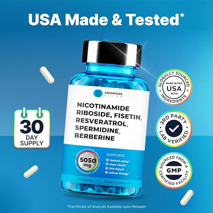 NMN Supplement Alternative - Liposomal Nicotinamide Riboside, Fisetin, Resveratrol, Spermidine, Berberine - High Purity NAD Supplement for Anti Aging, Heart & Joint Health 60 Capsules