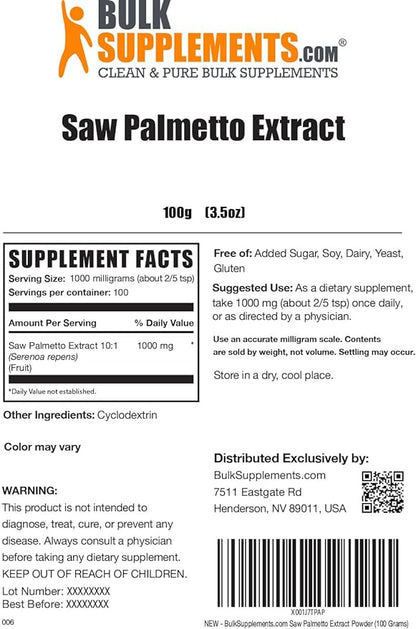 BulkSupplements.com Saw Palmetto Extract Powder - Serenoa Repens, Saw Palmetto Supplement, Saw Palmetto Powder - Vegan & Gluten Free, 1000mg per Serving, 100g (3.5 oz) (Pack of 1)