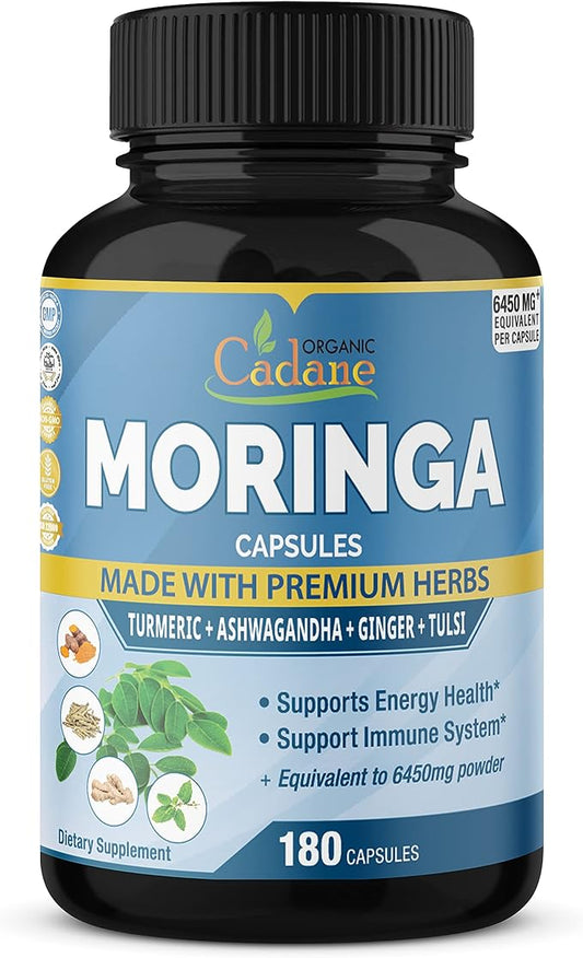 Organic Moringa Extract Capsules 6450mg, 6 Months Supply with Ashwagandha Root, Tulsi, Ginger, Turmeric - Energy Booster, Immune System - 180 Capsules