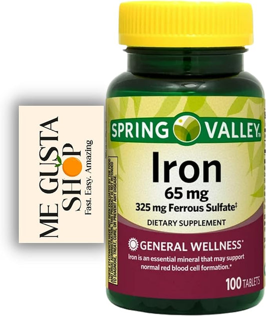 Spring Valley Iron Tablets Dietary Supplement Value Size, 65 mg, 100 Count (Pack 01) 100 Total + Me Gustas Sticker