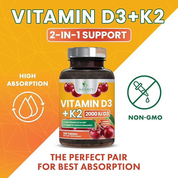 Vitamin D3 K2 as MK-7 with 2000iu of D3 & 75mcg K2, Vitamin K2 D3 Bone Strength Supplements Support Calcium Absorbtion for Teeth & Bone Health + Muscle & Immune Health Support - 120 Chewable Tablets