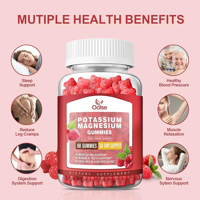 Potassium Magnesium Gummies for Adults Kids, High Absorption Potassium Gluconate 99mg Magnesium Citrate 400mg, Chewable Gummy Supplements for Leg Cramps & Muscle & Heart Health, Raspberry, 60 Count