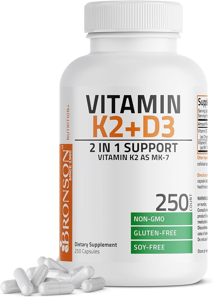 Bronson Vitamin K2 (MK7) with D3 Supplement Bone and Heart Health Non-GMO Formula 5000 IU Vitamin D3 & 90 mcg Vitamin K2 MK-7 Easy to Swallow Vitamin D & K Complex, 250 Capsules