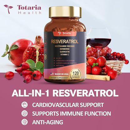 Resveratrol Supplement 8000mg Extra Strength with Berberine Quercetin Green Tea Extract Grape Seed Extract Polyphenol Antioxidant Supplement Antioxidant & Heart Health Support 120 Capsules