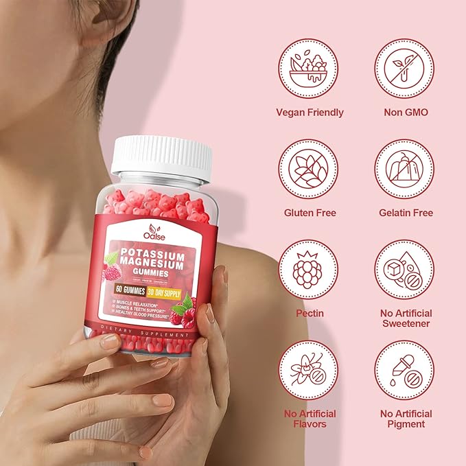 Potassium Magnesium Gummies for Adults Kids, High Absorption Potassium Gluconate 99mg Magnesium Citrate 400mg, Chewable Gummy Supplements for Leg Cramps & Muscle & Heart Health, Raspberry, 60 Count