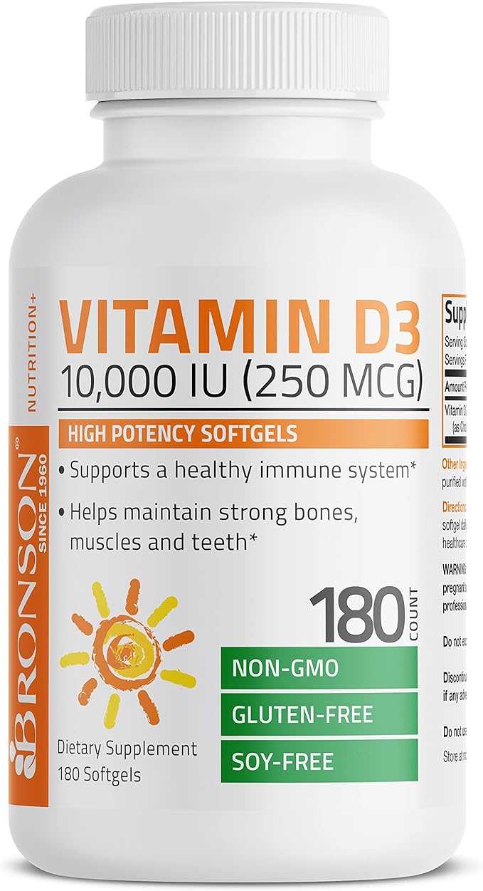 Bronson Vitamin D3 10,000 IU (250 mcg) High Potency - Supports Healthy Immune System, Strong Bones, Muscles & Teeth - Non GMO, 180 Softgels