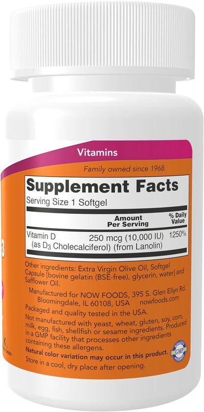 NOW Supplements, Vitamin D-3 10,000 IU, Highest Potency, Structural Support*, 30 Softgels