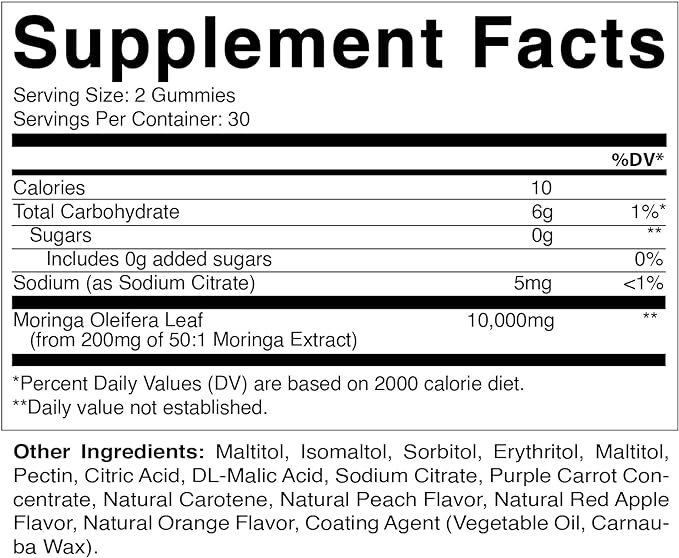 Vitamatic Sugar Free Moringa Gummies - 10000 mg Equivalent per Serving - Complete Green Superfood - 60 Pectin Based Gummies