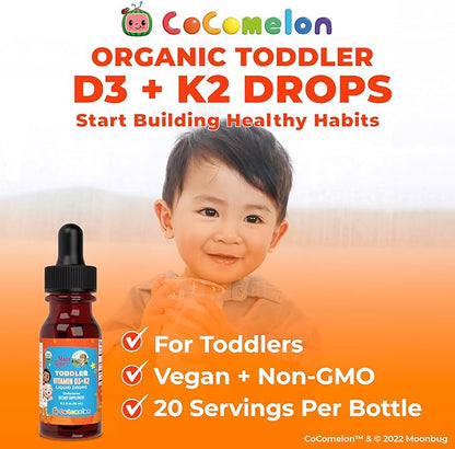 MaryRuth Organics CoComelon Vitamin D3 K2 Liquid Drops for Toddlers | Vitamin K2 D3 Supplement for Kids Ages 1-3 | Calcium Absorption | Strong Bones | USDA Organic | Sugar Free | 15 mL