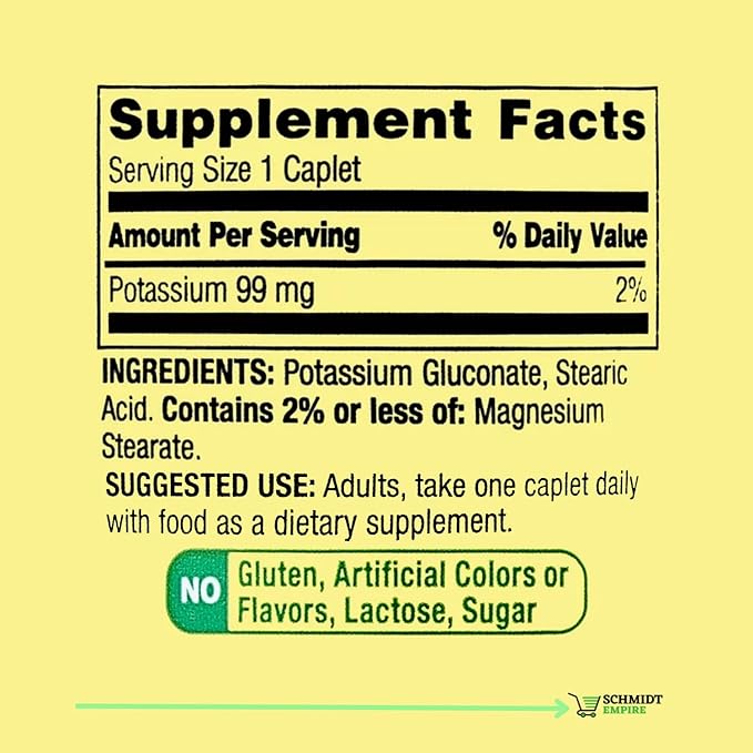 Spring Valley Potassium Heart Health Dietary Supplement Caplets, 99 mg, 100 Count + (Schmidt Empire Sticker) Potassium Cardiac, Nerve and Muscle Function (Pack of 1)