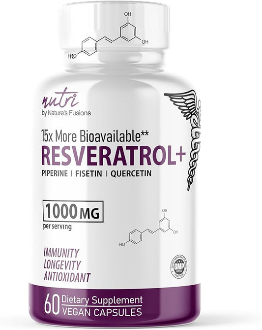 Nutri Resveratrol 1000mg Organic Piperine -15x More Bioavailable Pure Trans Resveratrol Supplement with Liposomal Quercetin and Fisetin - Antioxidant, Longevity, Resveratrol 2000mg - 60 Vegan Capsules