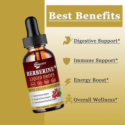 Berberine Liquid Drops 1500mg, Liposomal Berberine HCL, Berberine Complex Supplement w/Ceylon Cinnamon, Resveratrol,Bitter Melon,Green Tea, Dandelion Root, Milk Thistle - Vegan & Natural